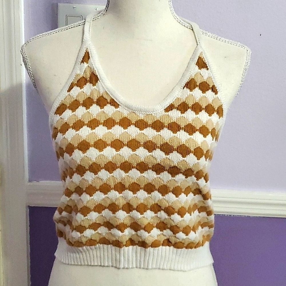 Willow & Wind Tan Neutrals Knitted Boho Beachy Festival Halter Cropped Top L